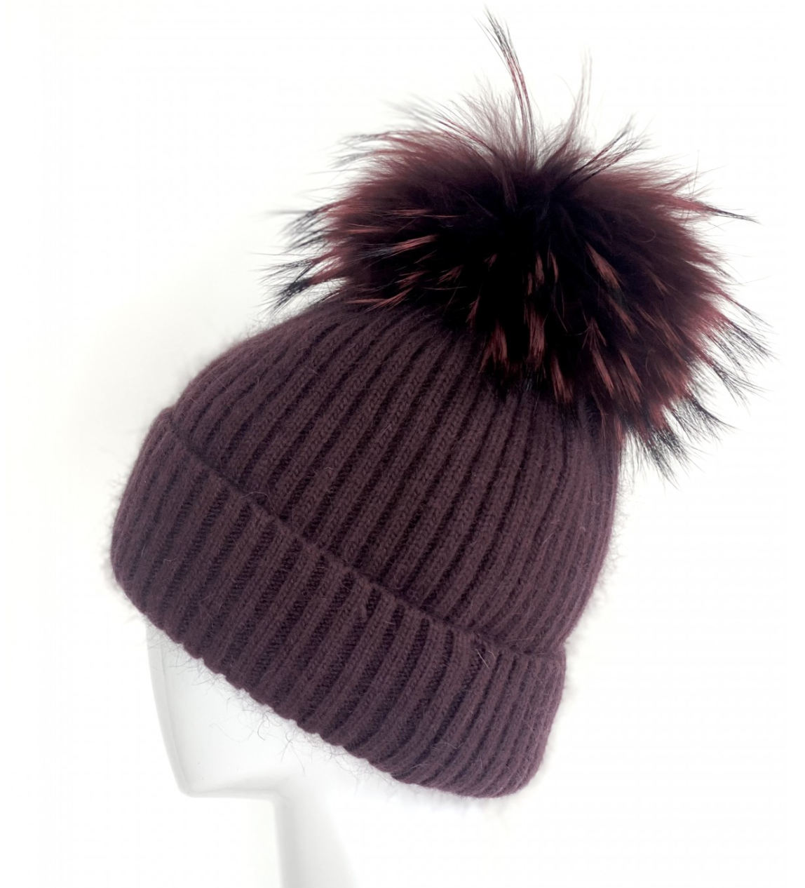 Linda Richards HA62 17 colors Mohair wool rib hat with fur pom